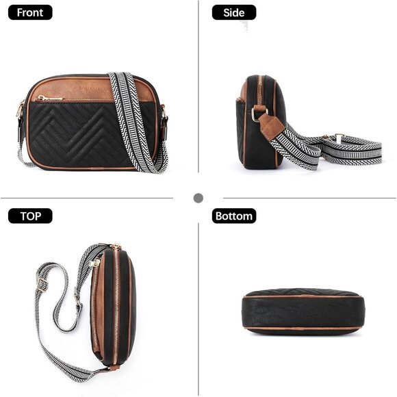 Quilted Vegan Leather Crossbody Black Bag Women Wide Strap and Shoulder Use - Picture 6 of 7